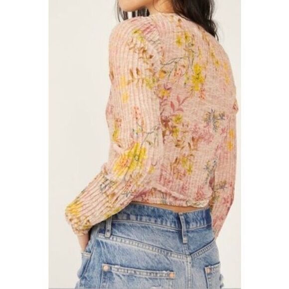 Free People We The Free Angelina Lace Top in Light Pink Yellow Floral Combo XL - Picture 2 of 11
